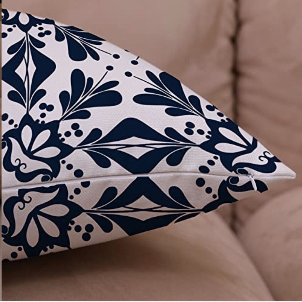 Geometric Navy Blue Flower Decorative Throw Pillow Covers 20x20”, Set of 4 - Picture 4 of 6